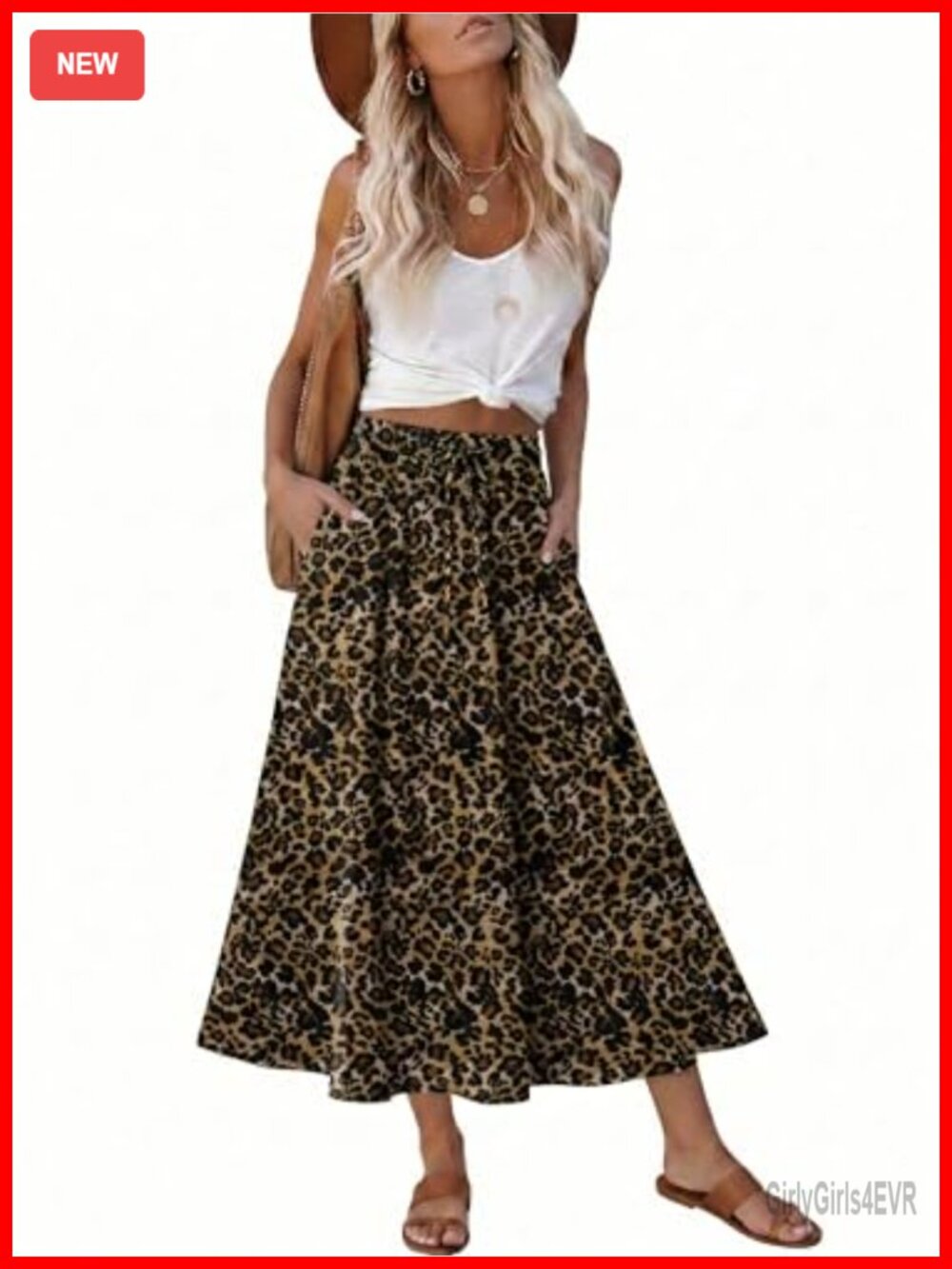 Womens Print Midi Skirt with Pockets Elastic High Waist A-Line Flowy Swing Skirt